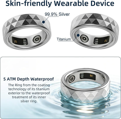 Smart Ring for Women & Men, Fitness Tracker Silver Rings with Heart Rate, Blood Oxygen, Sleep & Step Counting, Waterproof, No Subscription Fee, 24H Wearable Health Tracker